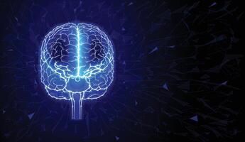 A modern technological illustration of the human brain using geometric shapes arranged on a dark blue background. vector
