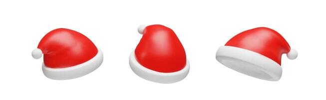 3d rendering set of Santa Claus hat. Merry Christmas and Happy New Year. Realistic collection of illustration in cartoon style. Tradition red cap of costume for December party, holiday event. vector