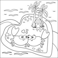 Summer vacations on an island. Cartoon crabs walking on the beach in a beautiful heart shaped island. Black and white coloring page. vector