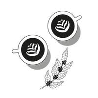 Simple silhouette of two cappuccino coffee cups with coffee branch. Design for cafe, logo, card, menu, wrapping. The images are created without the use of any artificial intelligence software vector