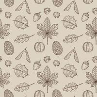 Seamless Pattern with Autumn forest plants, leaves. Hand drawn repeating background with acorn, alder, oak leaf, nuts. The image created without the use of any artificial intelligence software vector