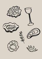 Modern seafood poster. Hand drawn doodle with clams, oysters, mussels, glass of wine, rosemary. For card, menu, print. The image created without the use of any artificial intelligence software vector