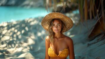 Stunning Young Woman in Bohemian Style on a Sunny Beach with Palm Trees photo