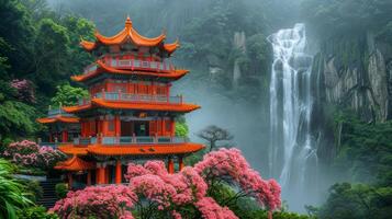 Eternal Spring Shrine Overlooking a Majestic Waterfall in Lush Green Forest photo
