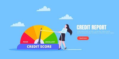 Woman pushes credit score arrow gauge speedometer indicator with color levels. vector