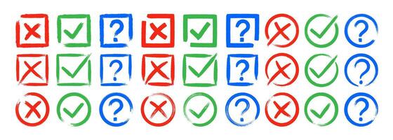 Dirty grunge cross x, tick OK and question check marks in check boxes, hand drawn with brush strokes illustration vector