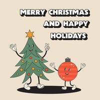 Christmas tree with with decorative bauble in cute retro style. Christmas fir tree and red ball toy in groovy hippy style. Its the most wonderful time of a year. Greeting card, cheerful holiday spirit vector