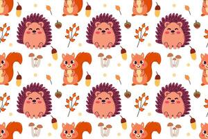 Seamless pattern of cute woodland animals with autumn cozy elements . Forest wild animals in flat cartoon style isolate on white for paper and textile design. vector
