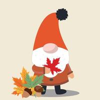 Autumn gnome with a red maple leaf with acorns and colorful autumn leaves on a light background. Illustration for postcard, banner, invitation, sticker, greeting card vector