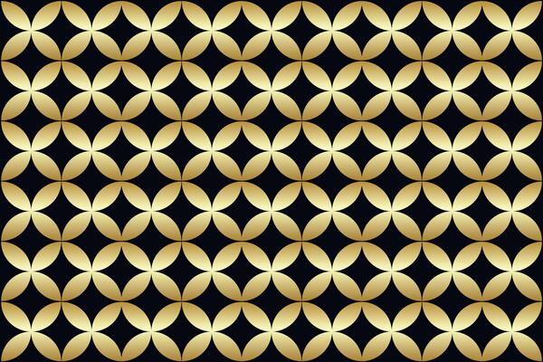 Gold geometric pattern on black background with overlapping circles. Geometric decoration. Modern trendy abstract pattern