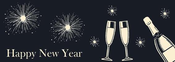 Happy New Year celebration banner with champagne, glasses, and fireworks on dark background. Trendy retro style. Halftone collage with grainy photocopy effect. Dots texture. vector