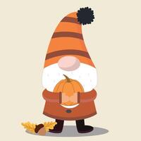 Funny autumn gnome with pumpkin, acorn and leaves. Illustration for postcard, banner, invitation, sticker, greeting card, sesonal template design. vector