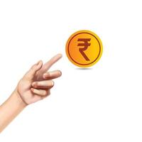 a hand that has the finger pointing on rupee gold coin. vector