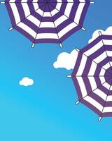 two purple and white umbrellas with a blue sky and clouds in the background. vector