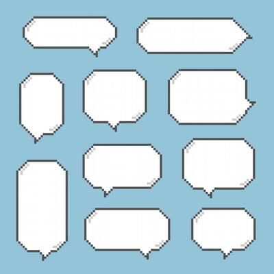 collection set of retro game 8bit pixel speech bubble balloon black and white color