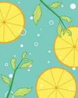 lemon background and a stem and leaves, as well as white bubbles and a blue background vector