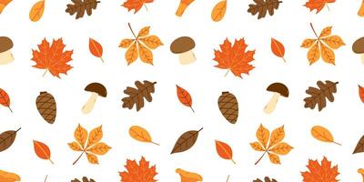 Autumn seamless pattern with fall leaves and mushrooms on white background. Flat illustration vector