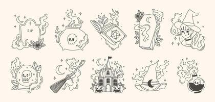 Vintage Hand Drawn Halloween Line Art with Witchy Elements Magical Objects and Spooky Decorations Illustrations Set vector