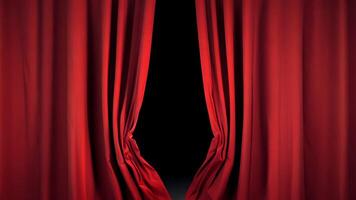 Red curtain open animation, black background. Theater, opera, show or stage presentation video