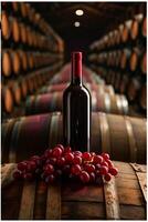 Red wine bottle mock up on on top of an old barrel, rows of barrels inside a winery or castle-like building, copy space and place for logo video