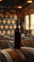 Red wine bottle mock up on on top of an old barrel, rows of barrels inside a winery or castle-like building, copy space and place for logo video