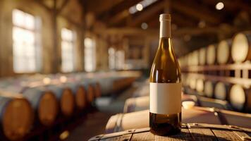 White wine bottle mock up on on top of an old barrel, rows of barrels inside a winery or castle-like building, copy space and place for logo video