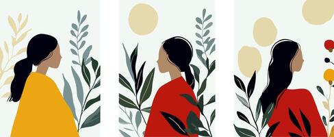 set of abstract illustrations with side-by-side profiles women vector