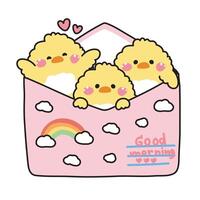 Cute chicken in paper mail have clous and rainbow cartoon design.Message.Card.Good morning text.Farm animal character.Kawaii.Illustration. vector