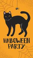 Halloween poster with a black cat, spider, and spiderweb on an orange background. Text Halloween Party in bold black letters. For social media stories, posters, prints, and Halloween event promotions. vector