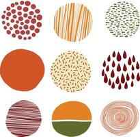 Set of round abstract colorful backgrounds and patterns. Autumn colors, green and orange design elements. Hand drawn drawings. Spots, drops, bends, lines. Posters, social media icon templates vector