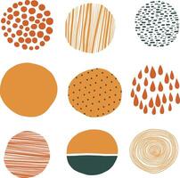 Set of round abstract colorful backgrounds and patterns. Autumn colors, green. Hand drawn drawings. Spots, drops, bends, lines, finishing touches. Posters, social media icon templates vector