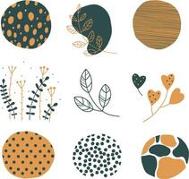 Set of round abstract colorful backgrounds or patterns. Autumn colors, green, orange and yellow. Hand drawn drawings. Spots, drops, bends, lines. Modern fashion illustration. vector