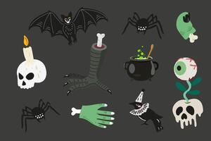 Halloween day. set with different Halloween symbols on a black background. Elements for potion brewing. Crow, skull, spider, potion cauldron, zombie hand vector