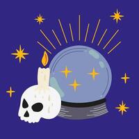 Happy Halloween day illustration. Set of occult objects. A skull with a candle for various magical rituals and a magical glass layer. Magic ball icon for magic rituals vector