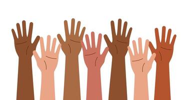 Human hands raised up isolated on white background. Voting concept. Racial equality concept. Friendship concept. Concept of struggle for rights. vector