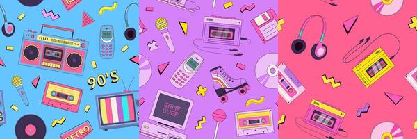 Set of retro cartoon 90s, y2k devises seamless pattern. Vintage technologies, music background. Old computer, floppy disk, phone, audio cassette, player, microphone, phone vector