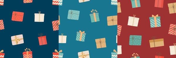 Set of Christmas and New Year seamless pattern with gift boxes. Birthday background. illustration. vector