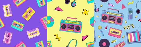 Set of retro cartoon 90s music seamless pattern. Nostalgia 1990s, y2k. Disco background vector