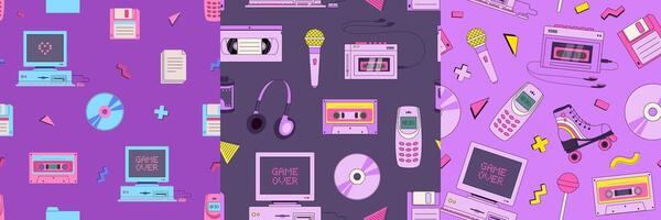 Set of retro cartoon 90s, y2k devises seamless pattern. Nostalgia 1990s. Vintage technologies background. Old pc, floppy disk, phone, audio cassette, player, microphone vector