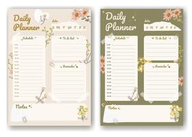 Daily planner template set in vintage style decorated with wild flowers and plants in organic pastel colors. Daily planner for web and print with schedule and to-do list, notes. illustration vector