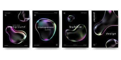 realistic iridescent bubble of different shapes and place for text.Creative posters, flyers,cover set .Glowing soap bubbles on black background. template with iridescent 3D shapes vector