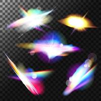 Rainbow light leak flare reflection overlay effects set.Iridescent optical lights beams glare.Realistic bright iridescent glares . design .Prism realistic light reflections of different shapes vector