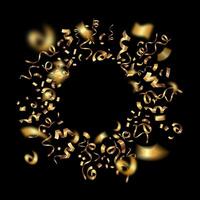 Golden serpentine ribbons frame banner with gold glitter and serpentine ribbons . Fireworks confetti frame with space for text, design element for decoration, prom, advertising, anniversary,card vector