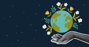 Halftone hand hold Earth with flower. Sustainable and environmentally friendly concept. Ecological illustrations of saving the planet. vector