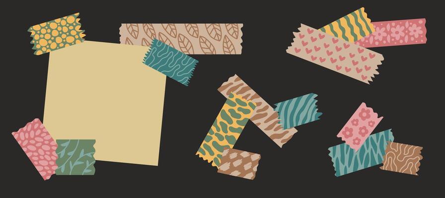 Collection piece torn tape with abstract retro print. Pastel scrapbook stripes, sticky label tags and decorative scotch strip.