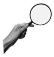 Halftone hand holding a magnifying glass in trendy collage style. Search concept. Design element on isolated background vector