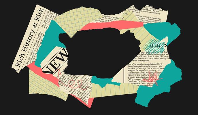 Collage frame board background with cut piece torn paper newspaper with blank space. Abstract frame slice note paper in trendy style.