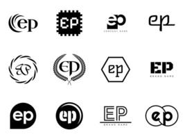EP logo company template. Letter e and p logotype. Set different classic serif lettering and modern bold text with design elements. Initial font typography. vector