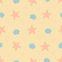 Tropical beach simple seamless pattern. background with starfish and seashells on the sandy shore. vector