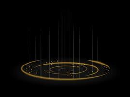 Neon glowing gold round frame, stars and lines. Yellow Shining light space portal. Fantasy space border. Abstract fantastic background. Design element. vector
